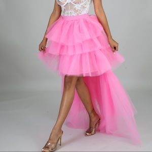 Pink tulle high low skirt.